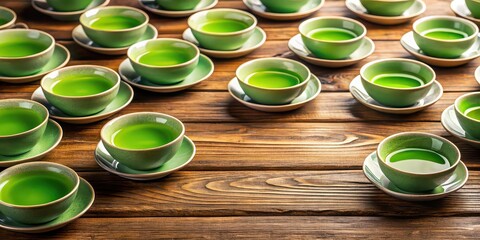 Canvas Print - Green tea cups arranged neatly on wooden table , green tea, cups, table, wooden, arrangement, peaceful, serene