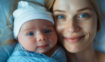Wall Mural - A close up photo of a beautiful blonde woman in the hospital with her newborn baby