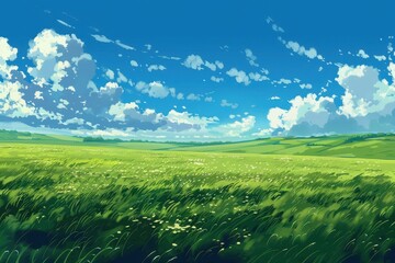 Wall Mural - Beautiful summer landscape with green grass, blue sky and white clouds. Nature background, nature wallpaper, outdoor scenic landscape, artistic summer sky background.
