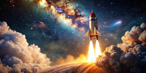 Poster - Retro rocket launching into space with fiery exhaust against a starry background, space, rocket, launch, retro, fiery