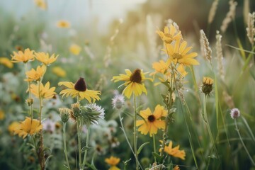 A field of wildflowers in full bloom, bathed in the warm sunlight of summer. The image captures the natural beauty and rustic charm of a wildflower meadow. Generative AI