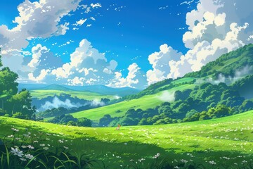 Wall Mural - Beautiful scenic view of a green grassy meadow with rolling hills, white clouds and blue sky. Scenic nature illustration.