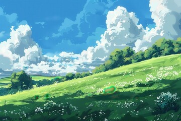 Wall Mural - beautiful digital painting of a green meadow landscape with white clouds in a blue sky. tranquil, id