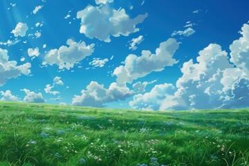 Wall Mural - beautiful green meadow with blue sky and white clouds. nature landscape background with meadow and b