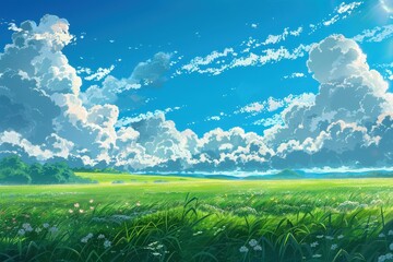 Wall Mural - Stunning digital illustration of a vast green field under a bright blue sky with fluffy white clouds.  Perfect for nature, summer, and tranquility themes.