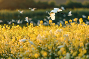 Wall Mural - In the golden rapeseed field, white egrets fly in large numbers and flying high