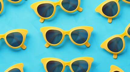 Canvas Print - Bright yellow sunglasses with dark lenses arranged in a playful pattern on a vibrant blue background. Fun and stylish accessory concept. Ideal for summer and fashion-themed projects. AI