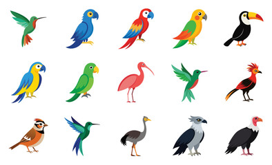 Wall Mural - South american bird species icons, vector cartoon illustration. Includes parrot, condor, toucan, hummingbird, blue-and-yellow macaw, harpy eagle.