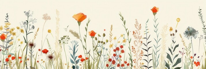 Aufkleber - A delicate watercolor painting of a meadow with wildflowers in shades of orange and red. Perfect for rustic and natural product brands. Generative AI