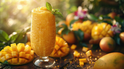 Wall Mural - mango smoothie. in the background there are many mango fruits