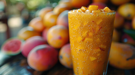 Sticker - mango smoothie. in the background there are many mango fruits