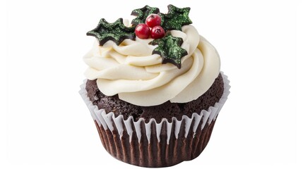 Poster - Festive chocolate cupcake with cream frosting and Christmas holly decoration. Perfect for holiday occasions and festive gatherings. Ideal for a Christmas treat or seasonal dessert. AI