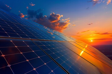 A solar panel converting sunlight into electricity with the setting sun in the background, A technological marvel harnessing the power of the sun to create clean energy