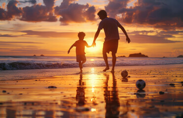 Wall Mural - Silhouette of a father and son playing soccer on the beach at sunset, holding hands