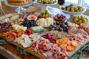 Canvas Print - A wooden table covered with an assortment of appetizers and hors doeuvres creating a tempting display, A tempting array of appetizers and hors d'oeuvres