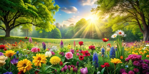 Poster - Vibrant nature scene with lush green grass, colorful flowers, and vibrant foliage in a thriving field , vibrant, nature, green