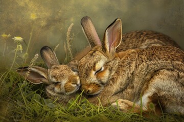 Sticker - A mother rabbit and her bunnies laying side by side in a tender moment, A tender moment captured between a mother rabbit and her baby