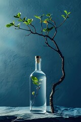 Poster - Contrasting Glass Bottle and Ancient Tree Branch in Minimalist Blue Gradient Setting for Contemporary Product Photography