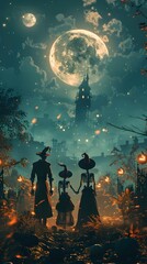 Canvas Print - Enchanting Halloween Tableau with Supernatural Creatures in Haunting Autumnal Landscape