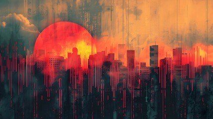 Futuristic Cityscape Silhouettes in Dramatic Glitch Art Sunset Skyline