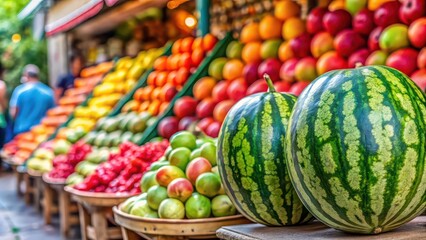 Poster - Fresh watermelon for sale at a colorful market stall, fruit, summer, market, vibrant, delicious, sweet, juicy, red