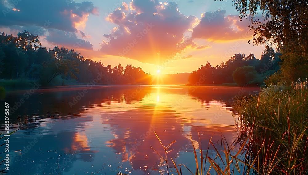 Tranquil Sunset over a Serene Lake. landscape background Stock ...