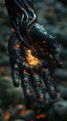 Canvas Print - Intricate Hands Cradling a Flickering Flame of Futuristic Heart in Cinematic Sci-Fi Alien Landscape