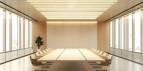 Wall Mural - Mockup 3D render of an empty meeting room with beige walls. Concept 3D Render, Meeting Room, Empty Space, Beige Walls, Mockup