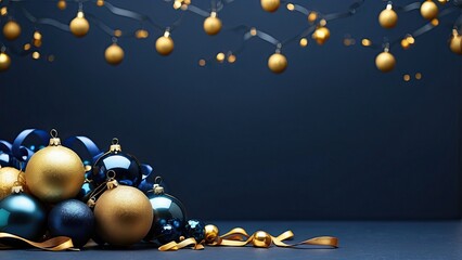 Wall Mural - The idea of the Christmas and New Year festivities is represented by this minimalist background with navy blue background, golden and blue glass balls hanging on ribbon, and copy space for content.