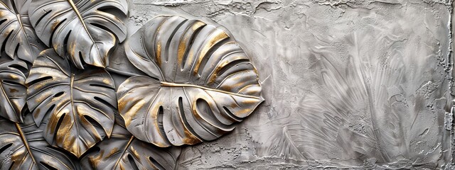 Wall Mural - A volumetric stucco panel featuring a cluster of tropical leaves, each leaf detailed with precision.