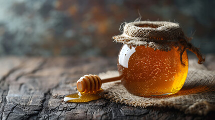 A glass jar filled with golden honey, accompanied by a honey dipper, set against a rustic, textured background.