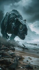 Wall Mural - Moody and Atmospheric Diorama of Tyrannosaurus Rex Prowling on Storm-Swept Beach with Dark Clouds and Crashing Waves