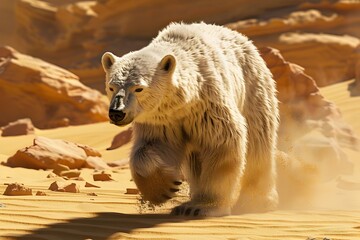 Poster - Polar Bear Navigating Through Scorching Desert Landscape with Glistening Fur Coat