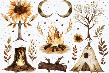 Wall Mural - Autumn Equinox Celebration: A digital planner sticker set honoring the autumn equinox, with watercolor illustrations