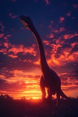 Sticker - Serene Brontosaurus Silhouette Against Vibrant Sunset Sky with Dramatic Clouds