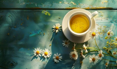 Wall Mural - Chamomile Serenity: A soothing cup of chamomile tea brewed with fresh chamomile flowers, known for its calming aroma
