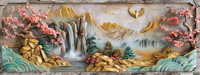 Poster - colorful Volumetric stucco molding on a concrete wall with golden elements, Japanese landscape, waterfall, mountains, sakura