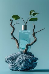 Poster - Sleek Product Bottle Perched on Ancient Tree Branch Against Blue Gradient Background for Contemporary Advertisement