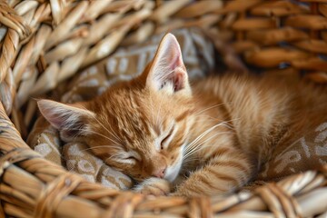 Wall Mural - Curious Ginger Tabby Kitten Taking a Catnap in a Cozy Basket