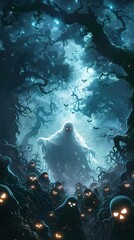 Wall Mural - Spooky Halloween scene with friendly ghost leading dancing skeletons and regal vampire in haunted graveyard