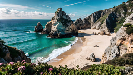 Wall Mural - a serene beach scene with sandy beaches, rocky cliffs, and a clear blue sky