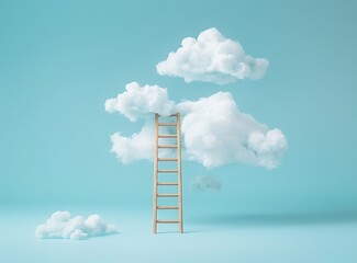 ladder to the cloud on pastel blue background minimal concept of success and dream coming true, white cotton clouds with wooden ladder on light blue color background, copy space for text