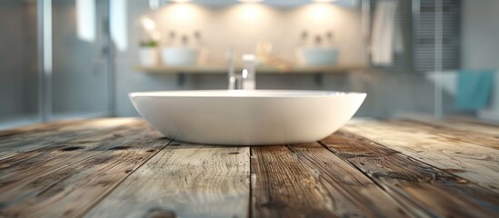 Wall Mural - Blurred bathroom background with wooden table surface for showcasing products