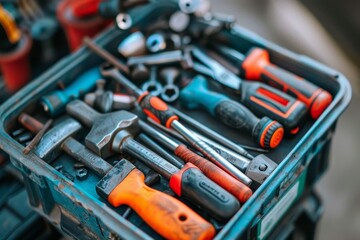 Tool box filled with various types of tools for construction and repair work, A toolbox filled with a variety of tools, such as screwdrivers, hammers, and wrenches