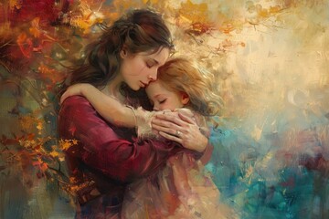 Canvas Print - A painting portraying two women hugging each other in a touching moment of connection, A touching depiction of a mother's unwavering strength and unconditional love