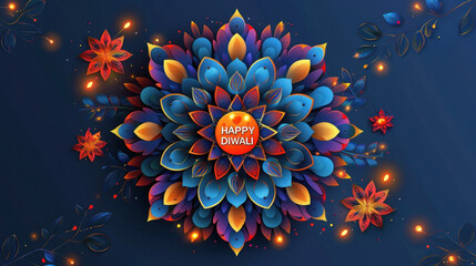 Canvas Print - Colorful rangoli with happy diwali text