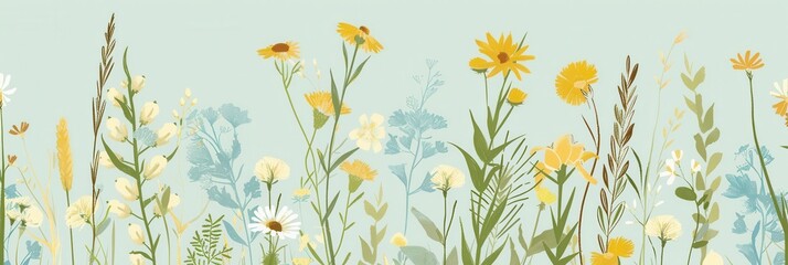 A beautiful illustration of wildflowers and grasses set against a light blue background. Perfect for adding a touch of nature to your home decor or business branding. Generative AI