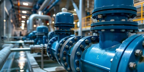 Sticker - Blue pumps, stainless steel pipes, and valves at an industrial water treatment facility. Concept Industrial Pumps, Stainless Steel, Water Treatment, Valves, Facility