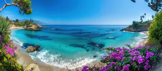 Poster - Tranquil Coastal Vista with Lush Greenery and Sparkling Blue Waters