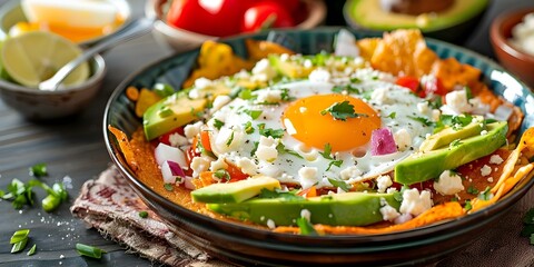 Wall Mural - Colorful chilaquiles with eggs, avocado, and queso fresco set on a festive table. Concept Food Styling, Mexican Cuisine, Brunch Inspiration, Vibrant Table setting, Fresh Ingredients